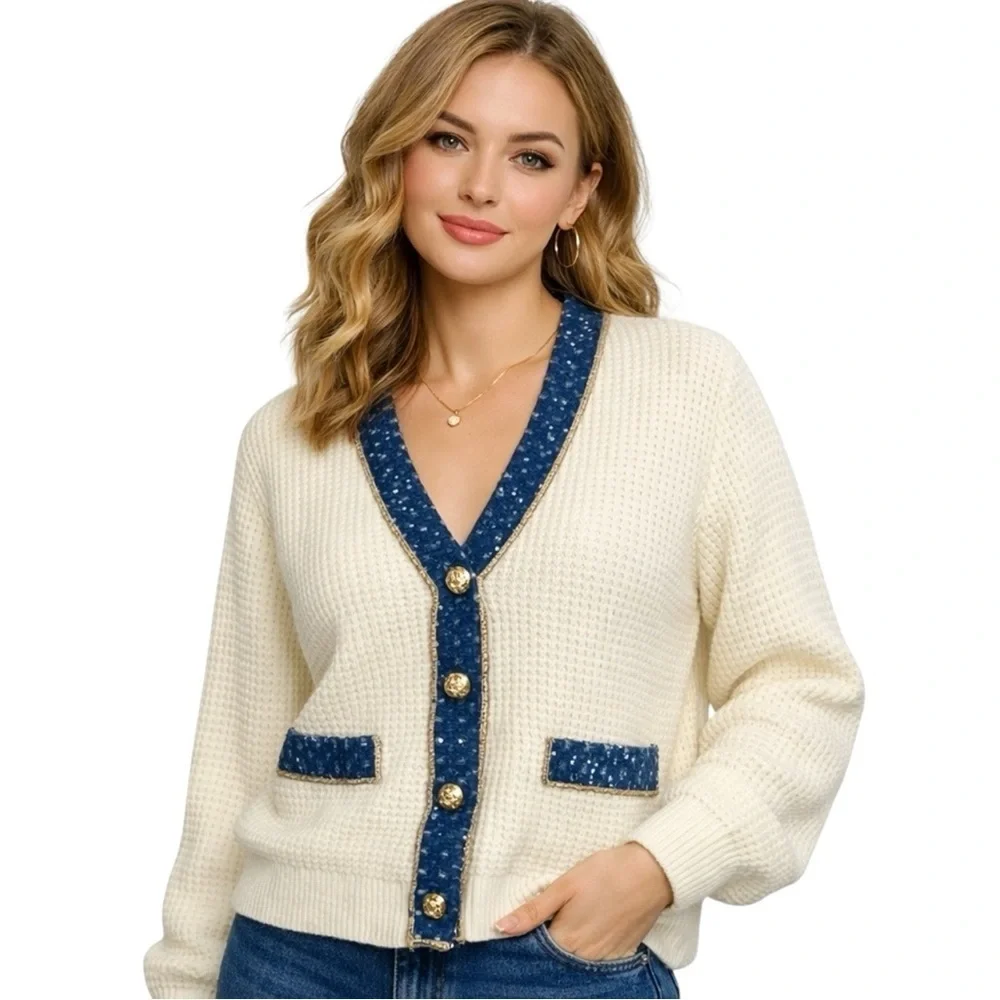 Nanette Lepore Waffle Knit Cardigan Medium Cream Tweed Denim Floral Trim Preppy